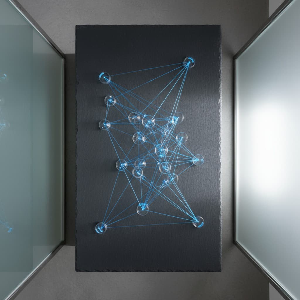 Abstract visualization of AI agents collaborating across data nodes
